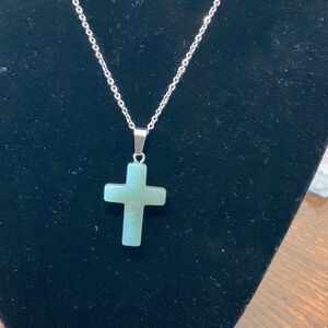 3 for $30 item - Silver Tone Chain and Faux Jade Cross Pendant